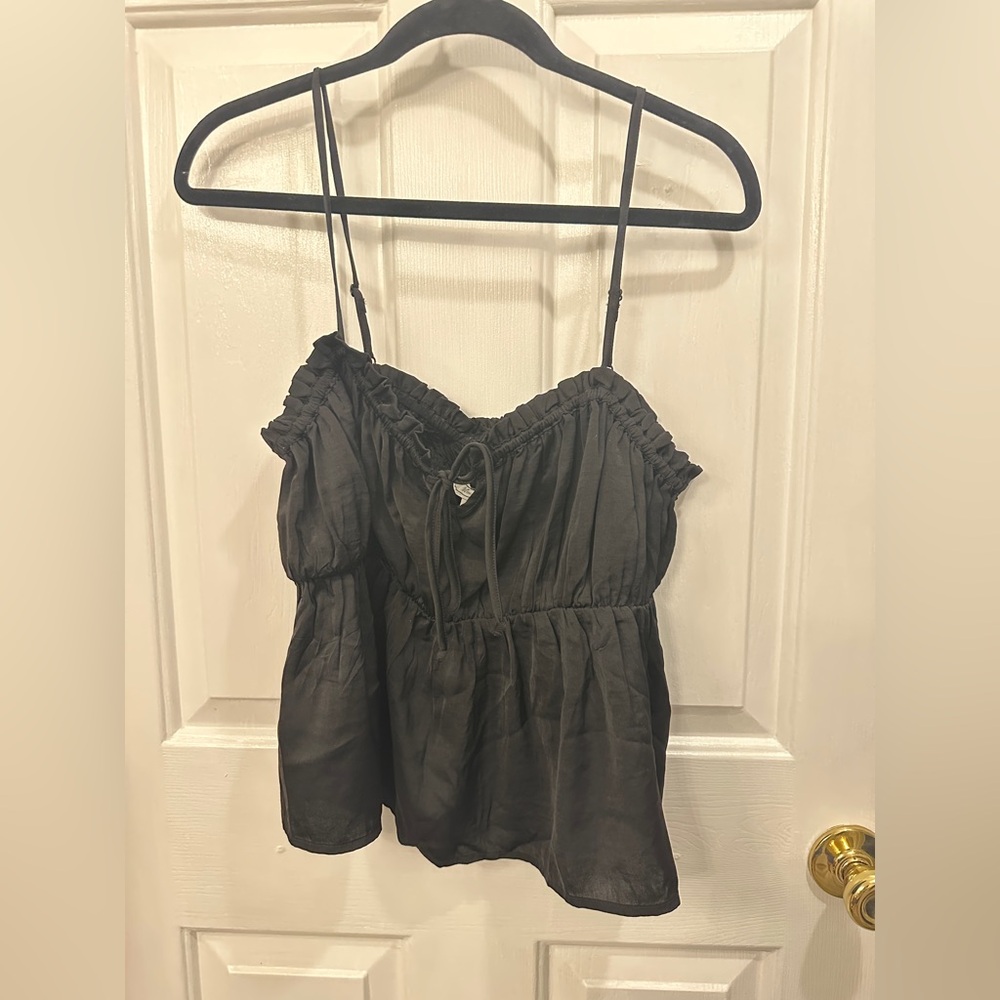 American Eagle Outfitters Black Ruffle-Trim Drawstring Tank Top
